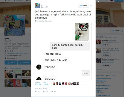 Fork dikira pork, seorang netizen buang mie instan cup-nya begitu saja