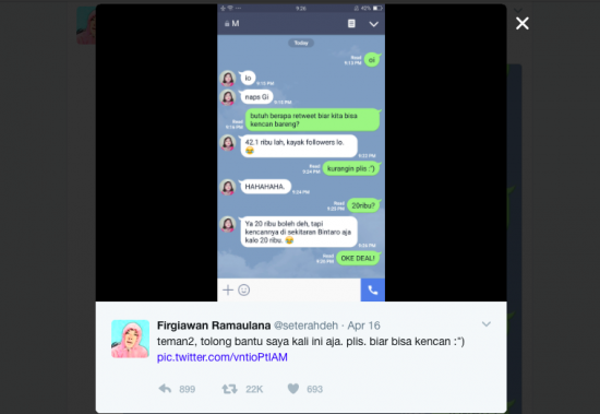 Syarat nge-date bareng gadis impian, seorang netizen disuruh dapetin 20 ribu retweet