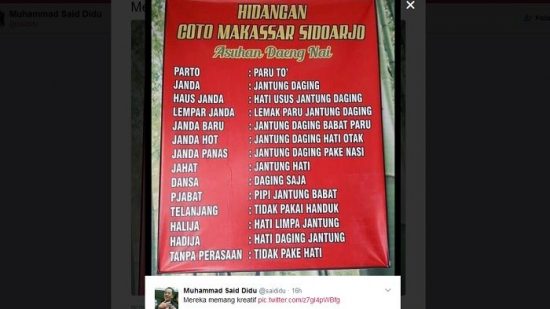 Warung coto Makassar jualan “jandaâ di daftar menu, kreatif atau kurang ajar?