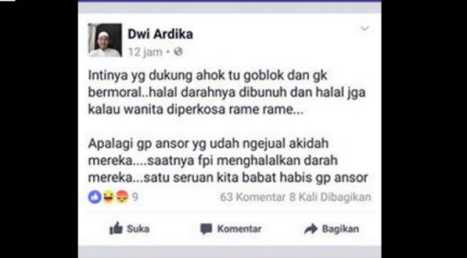 Pengunggah status FB “Perempuan pendukung Ahok halal diperkosa” dipolisikan