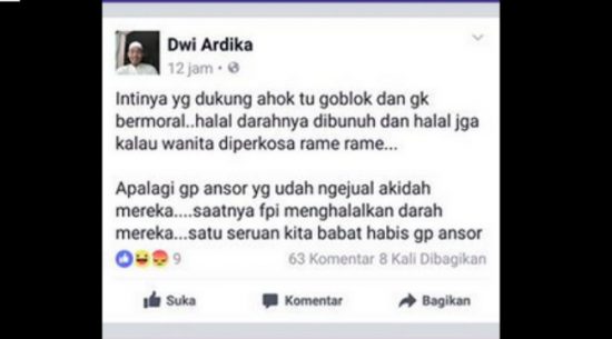 Pengunggah status FB “Perempuan pendukung Ahok halal diperkosa” dipolisikan