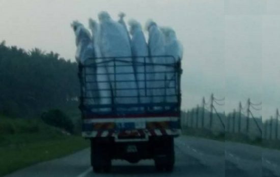 Puluhan benda mirip pocong raksasa mejeng di atas truk