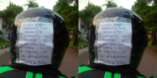 Driver GrabBike promoin kue istrinya dengan kertas yang ditempel di belakang helm
