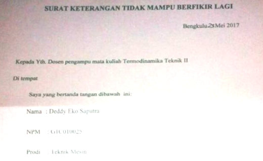Mahasiswa tulis “Surat Keterangan Tidak Mampu Berpikir Lagi” untuk dosen supaya diluluskan