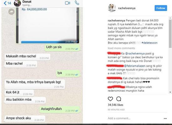 Selebgram Rachel Vennya mengaku pernah gak sengaja transfer Rp 64 juta buat beli donat