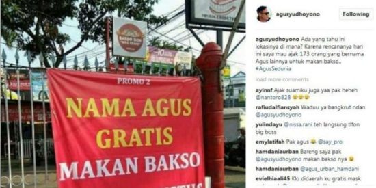 Ada warung gratiskan makan bakso bagi pemilik nama Agus, AHY nyari keberadaannya