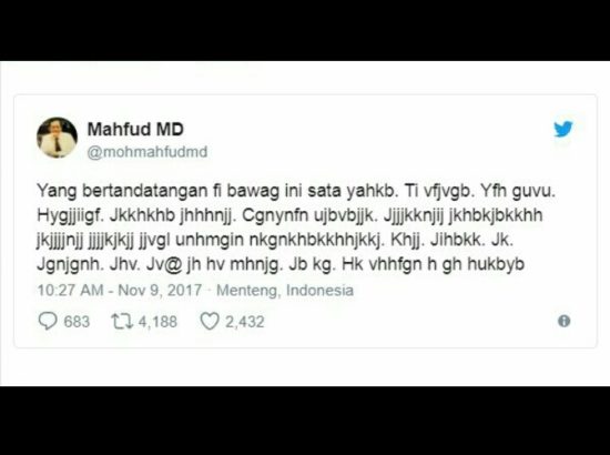 Mahfud MD ngetwit dengan abjad berantakan, ternyata HP-nya dimainin cucu