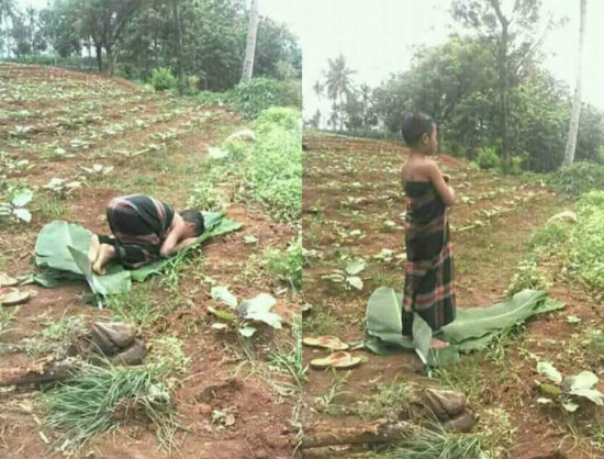 Netizen puji foto anak ‘solat di kebun beralas daun pisang’
