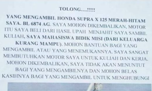 Mahasiswa tulis surat terbuka untuk pencuri motornya, minta dibalikin karena miskin