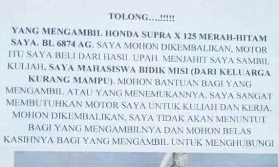Mahasiswa tulis surat terbuka untuk pencuri motornya, minta dibalikin karena miskin