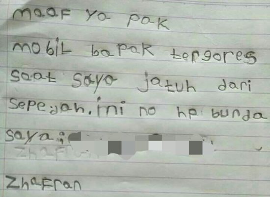 Sepedanya menggores mobil, anak 6 tahun tulus minta maaf lewat surat