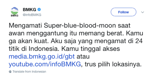 Fenomena super blue blood moon, akun Info BMKG ngegombal a la Dilan