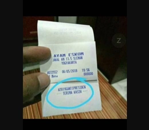 Pitik ikut politik? Ada #2019GantiPresiden di struk Ayam Geprek Eskom Yogya