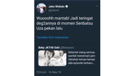 Gara-gara Beby JKT48 admin Twitter Jokowi dipecat