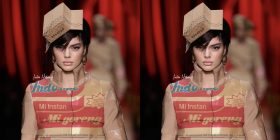Foto Kendall Jenner pakai baju Indomie di catwalk viral