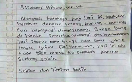 Baru lagi, surat izin sakit puitis dari orangtua murid ke guru sekolah