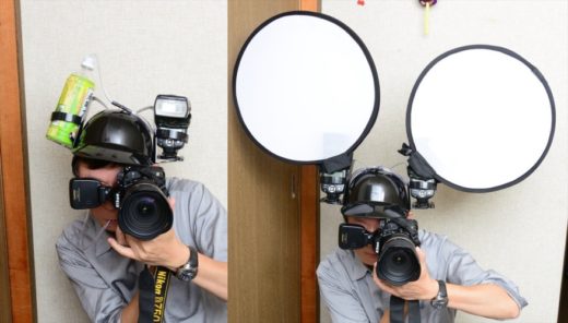 Fotografer gunakan helm bir untuk taruh lampu flash dan diffuser