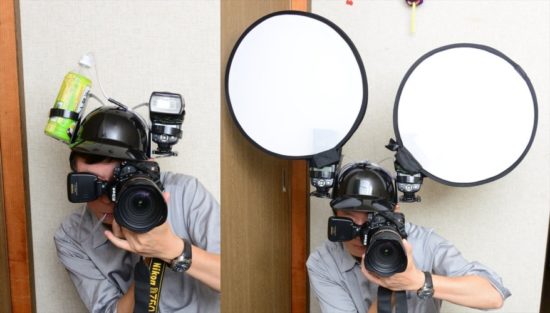 Fotografer gunakan helm bir untuk taruh lampu flash dan diffuser